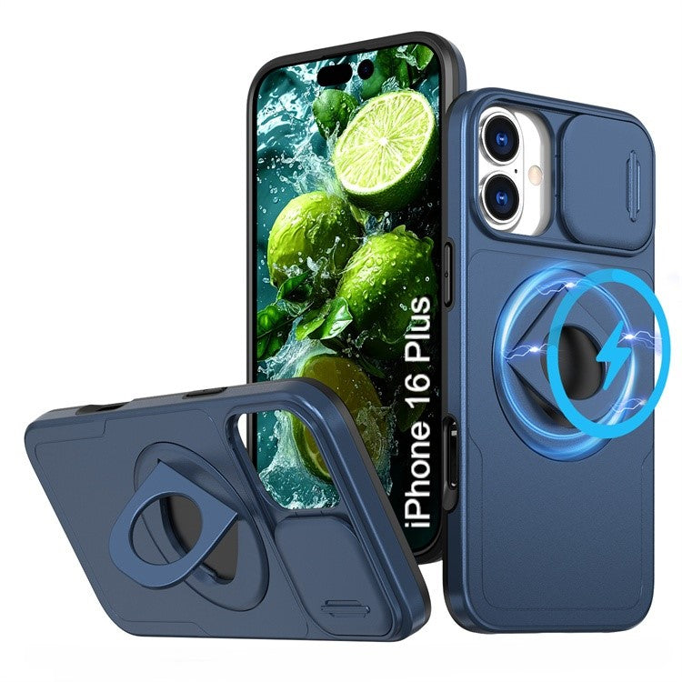 LuxuryKase Mag-Safe Shockproof Rugged Back Case with Finger Ring Kickstand & Sliding Camera Cover | Military Drop Protection | Wireless Charging Support For iPhone Series