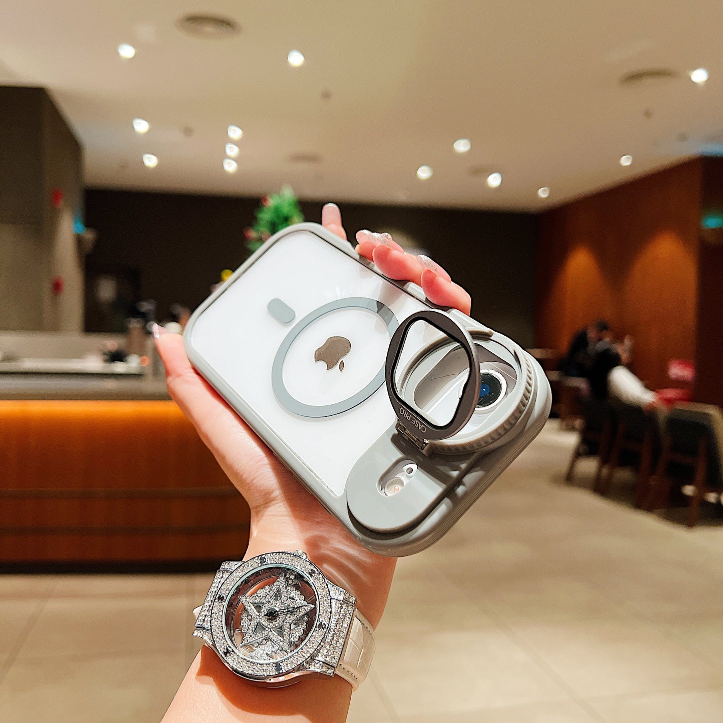 LuxuryKase Magnetic Transparent Back Case | Shockproof Hard PC Bumper Cover with Camera Lens Guard Kickstand | Mag-Safe Support For iPhone