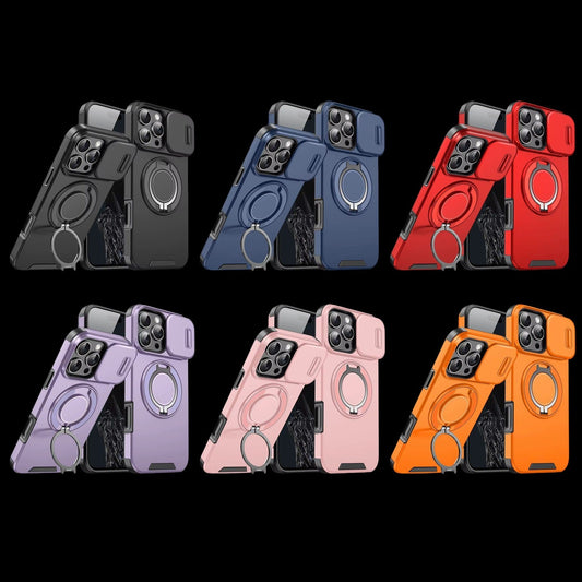 LuxuryKase Shockproof Magnetic Case with Slide Camera Cover | 360° Rotating Ring Kickstand | Mag-Safe Compatible | Rugged Armor Protection For iPhone Series