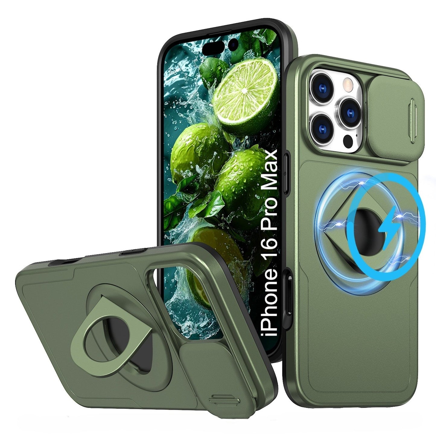 LuxuryKase Mag-Safe Shockproof Rugged Back Case with Finger Ring Kickstand & Sliding Camera Cover | Military Drop Protection | Wireless Charging Support For iPhone Series