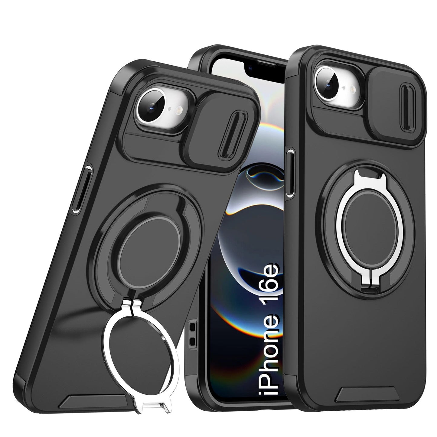 LuxuryKase Shockproof Magnetic Case with Slide Camera Cover | 360° Rotating Ring Kickstand | Mag-Safe Compatible | Rugged Armor Protection For iPhone Series