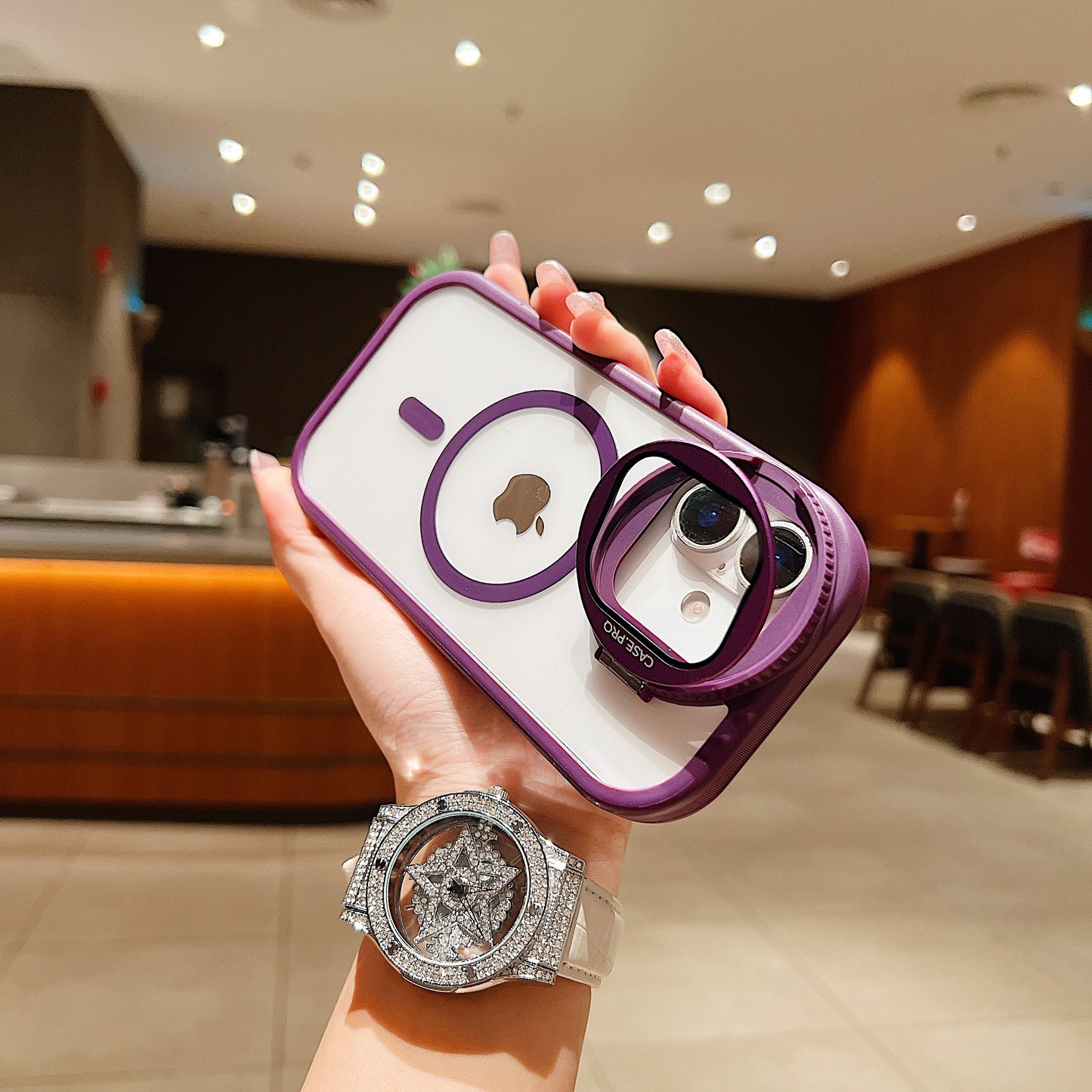 LuxuryKase Magnetic Transparent Back Case | Shockproof Hard PC Bumper Cover with Camera Lens Guard Kickstand | Mag-Safe Support For iPhone