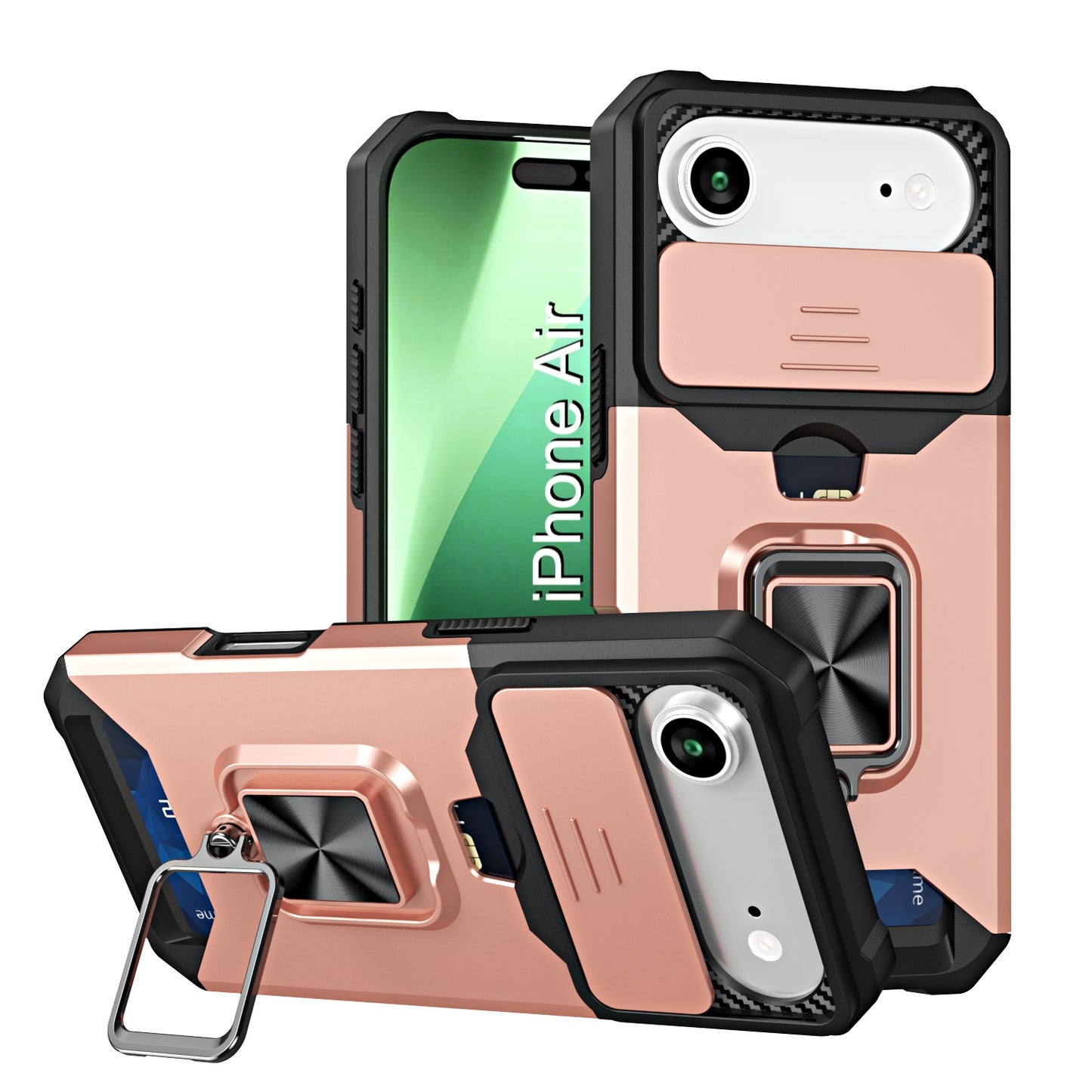 LuxuryKase Shockproof Armor Case | Slide Camera Cover | Hidden Card Slot | Rotating Ring Kickstand | Magnetic Car Mount Support | Military Grade Protection For iPhone & Samsung