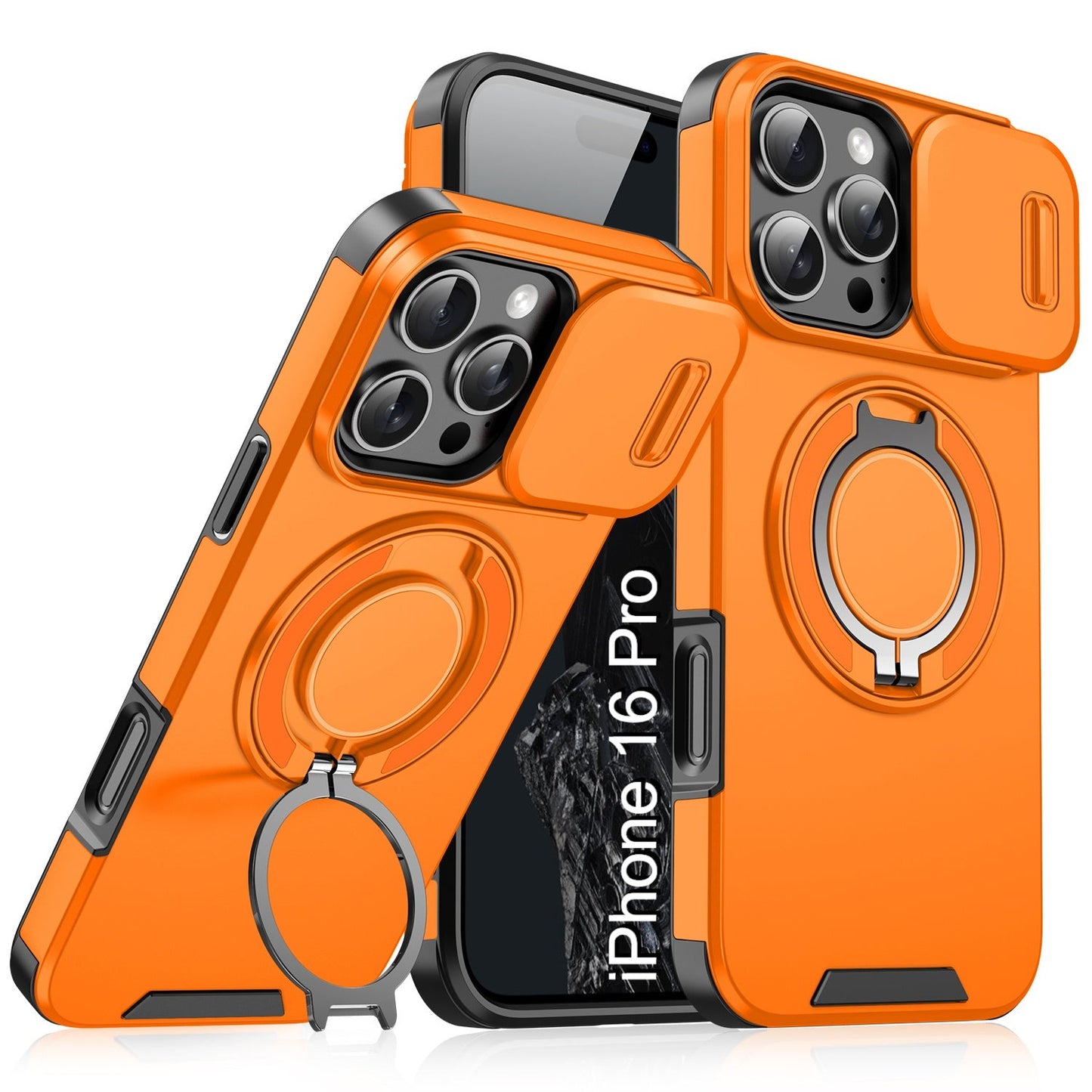 LuxuryKase Shockproof Magnetic Case with Slide Camera Cover | 360° Rotating Ring Kickstand | Mag-Safe Compatible | Rugged Armor Protection For iPhone Series