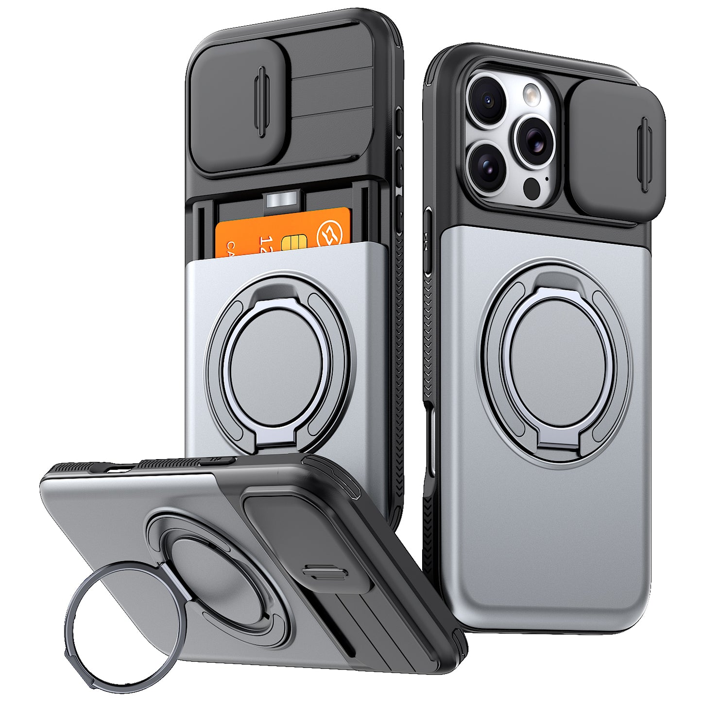 LuxuryKase Magnetic Card Holder Back Cover | Slide Camera Cover Protection | 360° Rotating & 120° Adjustable Kickstand | Shockproof Hard PC Back + Soft TPU Bumper For iPhone & Samsung Series