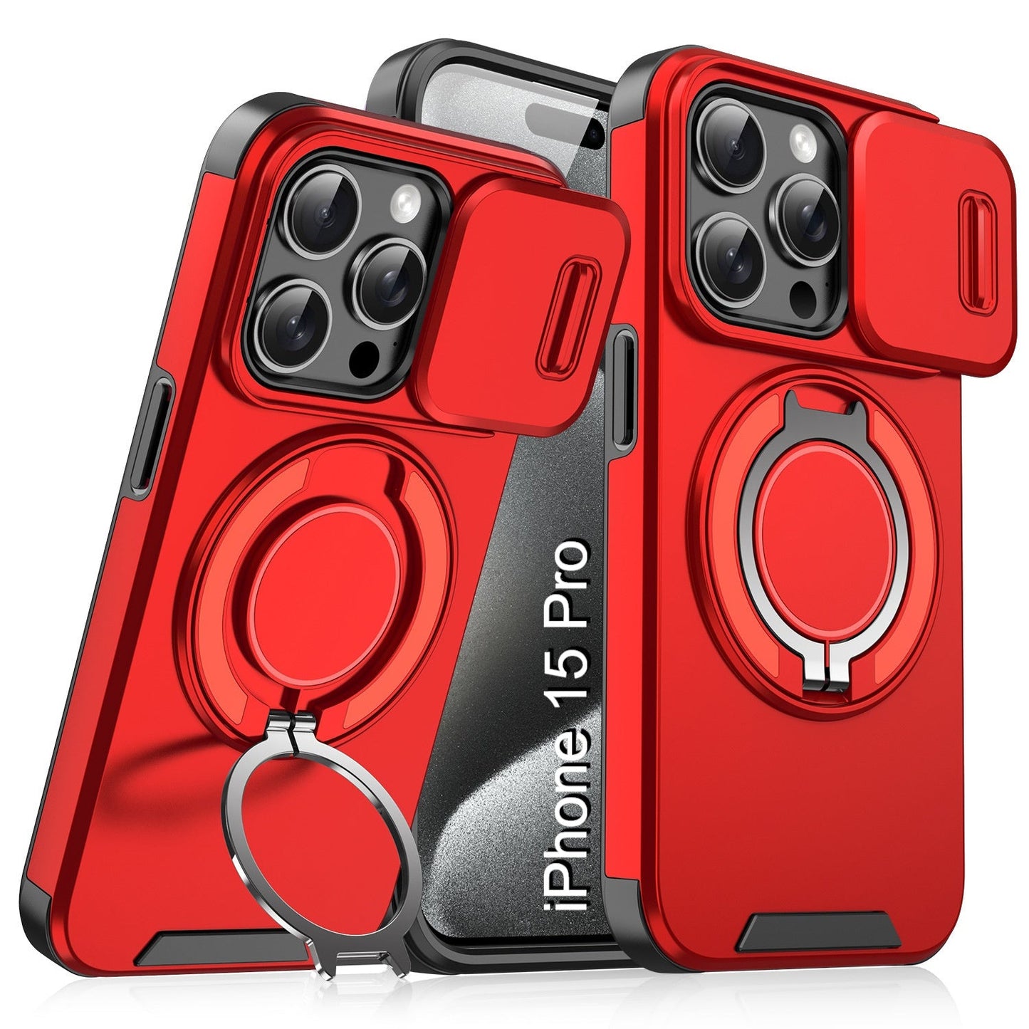 LuxuryKase Shockproof Magnetic Case with Slide Camera Cover | 360° Rotating Ring Kickstand | Mag-Safe Compatible | Rugged Armor Protection For iPhone Series