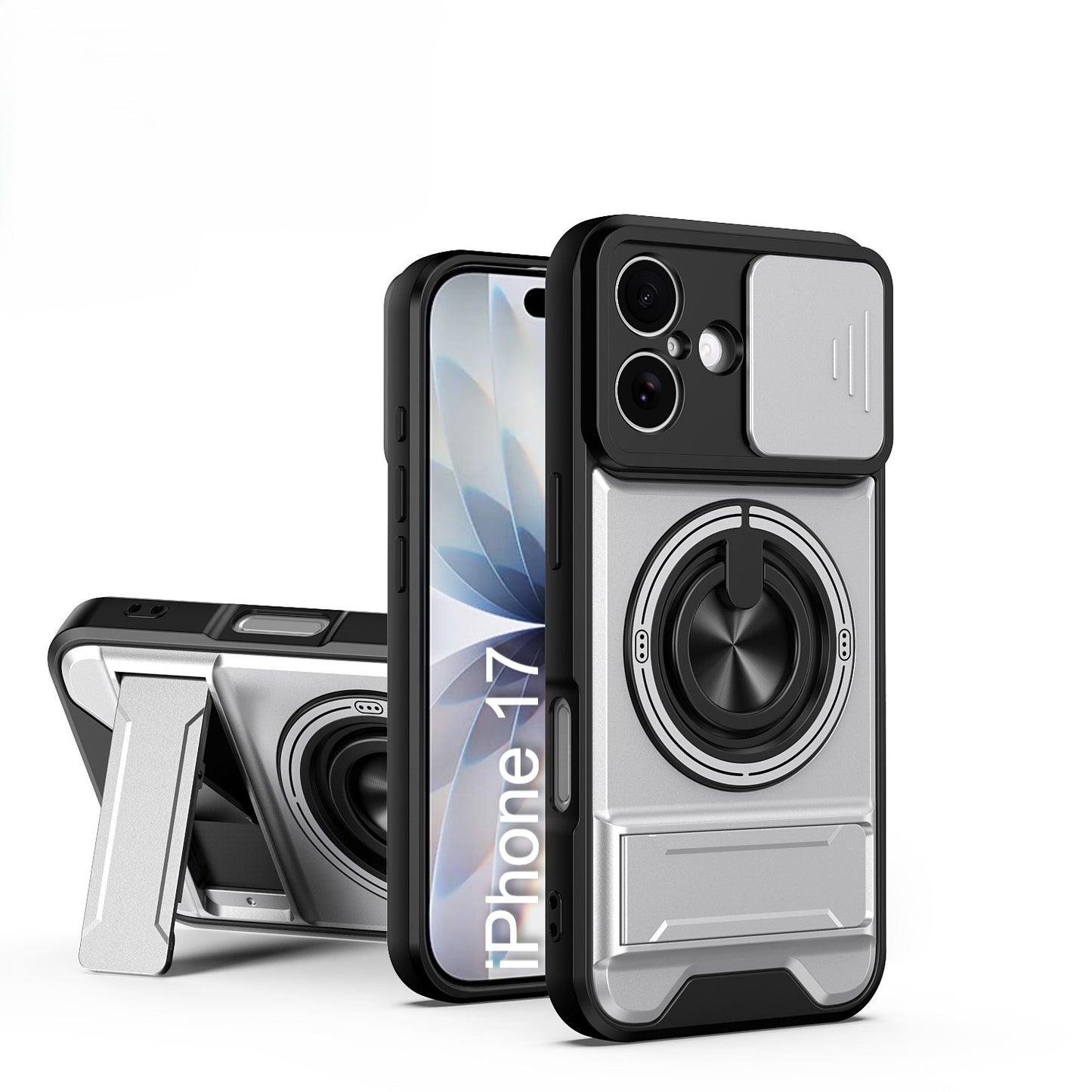 LuxuryKase Magnetic Armour Case | MagSafe Compatible | Sliding Camera Cover | 360° Finger Ring Holder | Built-In Bracket Stand | Hard PC Back & Soft TPU Bumper For iPhone & Samsung Series