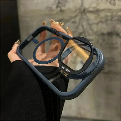 LuxuryKase Magnetic Transparent Back Case | Shockproof Hard PC Bumper Cover with Camera Lens Guard Kickstand | Mag-Safe Support For iPhone 13 & 14 Series