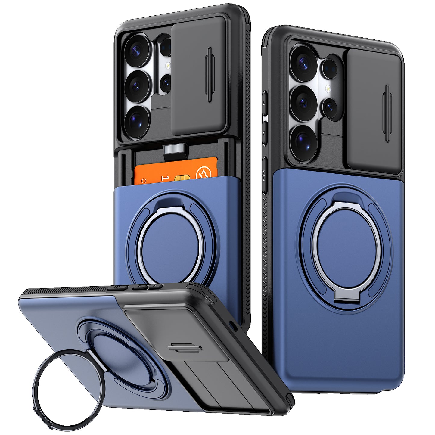 LuxuryKase Magnetic Card Holder Back Cover | Slide Camera Cover Protection | 360° Rotating & 120° Adjustable Kickstand | Shockproof Hard PC Back + Soft TPU Bumper For iPhone & Samsung Series