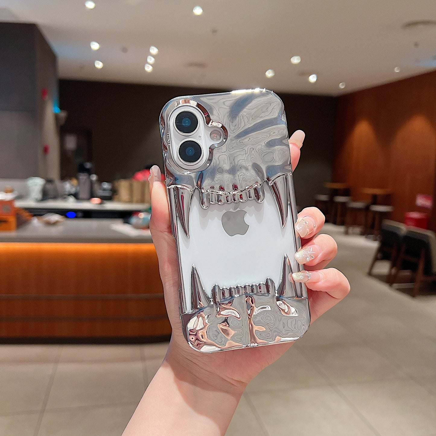 US LITE Shockproof Designer Metallic Chrome 3D Fangs Back Case | Anti-Scratch Grip | Full Camera Protection and Stylish Look For iPhone 14, 15 & 16 Series