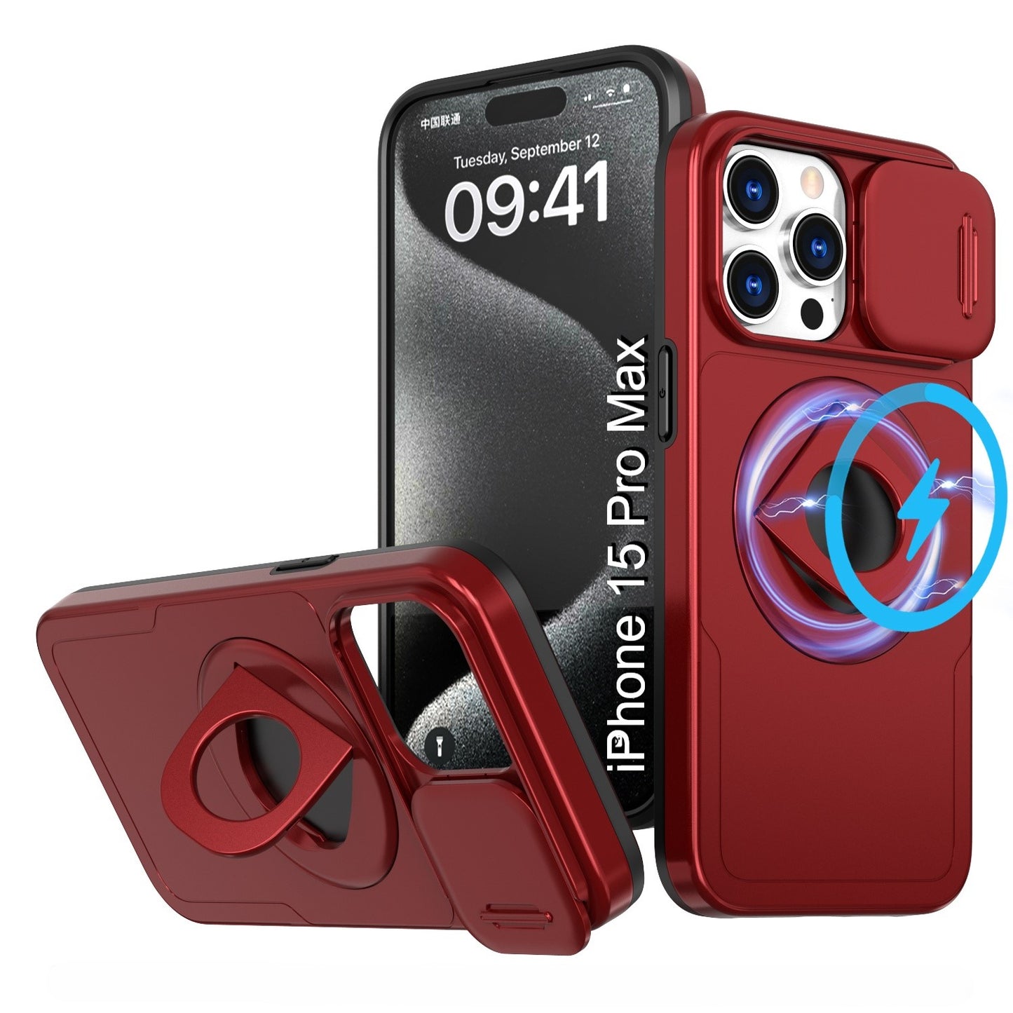 LuxuryKase Mag-Safe Shockproof Rugged Back Case with Finger Ring Kickstand & Sliding Camera Cover | Military Drop Protection | Wireless Charging Support For iPhone Series
