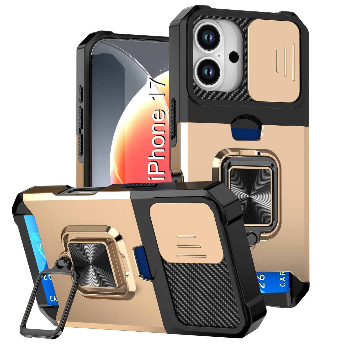 LuxuryKase Shockproof Armor Case | Slide Camera Cover | Hidden Card Slot | Rotating Ring Kickstand | Magnetic Car Mount Support | Military Grade Protection For iPhone & Samsung