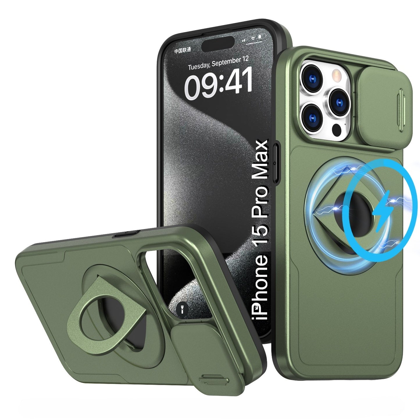 LuxuryKase Mag-Safe Shockproof Rugged Back Case with Finger Ring Kickstand & Sliding Camera Cover | Military Drop Protection | Wireless Charging Support For iPhone Series
