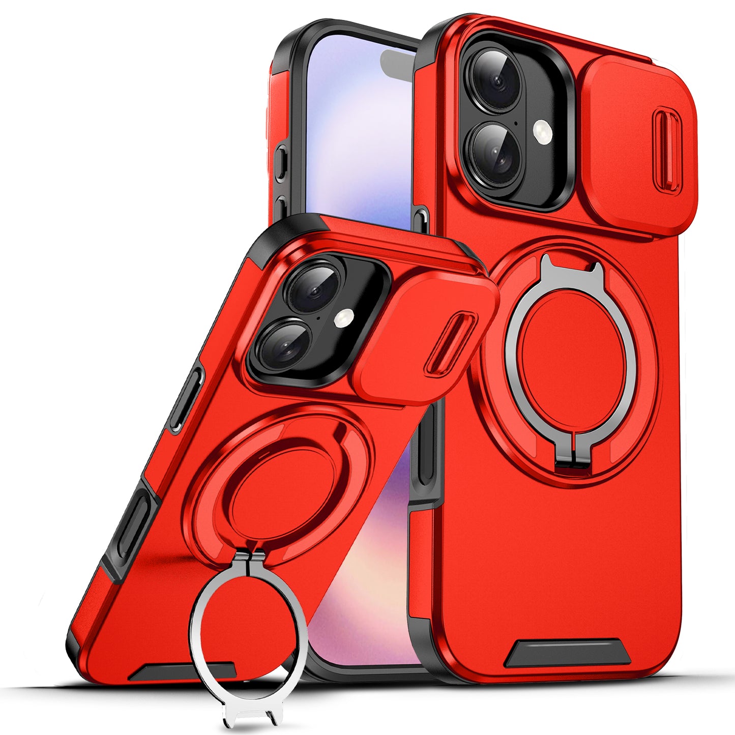 LuxuryKase Shockproof Case with Slide Camera Cover | 360° Rotating Ring Kickstand | Rugged Armour Protection For iPhone Series