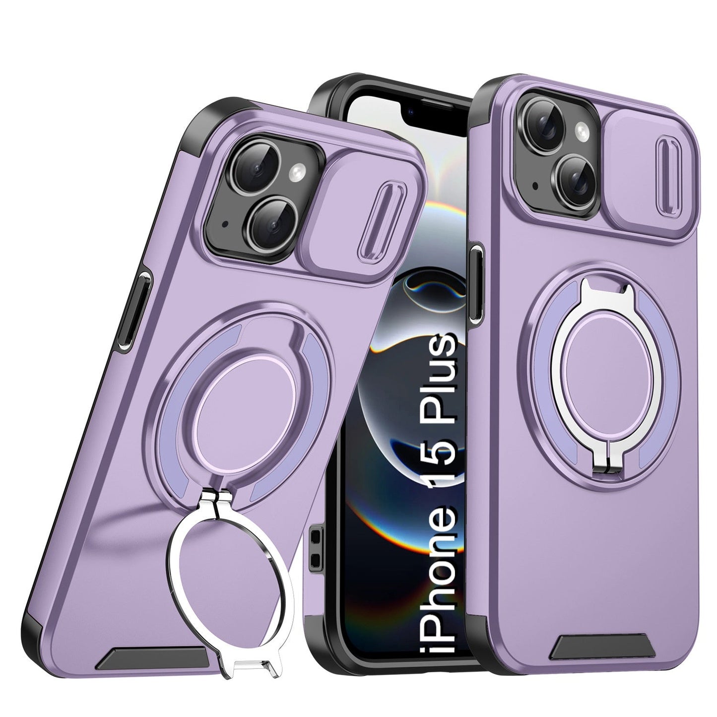 LuxuryKase Shockproof Magnetic Case with Slide Camera Cover | 360° Rotating Ring Kickstand | Mag-Safe Compatible | Rugged Armor Protection For iPhone Series