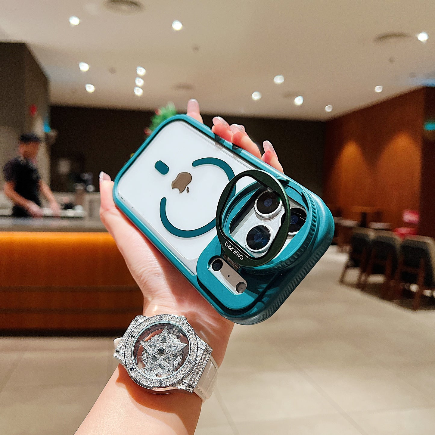 LuxuryKase Magnetic Transparent Back Case | Shockproof Hard PC Bumper Cover with Camera Lens Guard Kickstand | Mag-Safe Support For iPhone