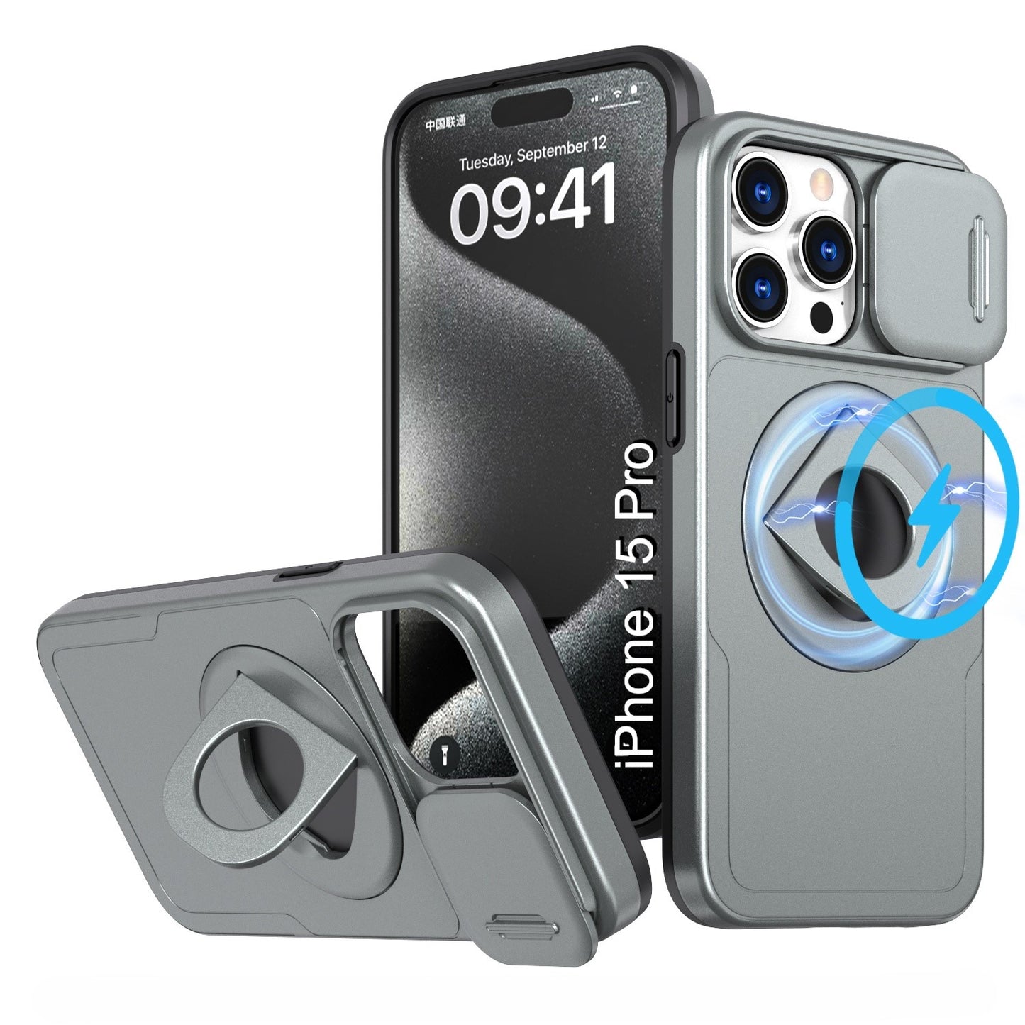 LuxuryKase Mag-Safe Shockproof Rugged Back Case with Finger Ring Kickstand & Sliding Camera Cover | Military Drop Protection | Wireless Charging Support For iPhone Series