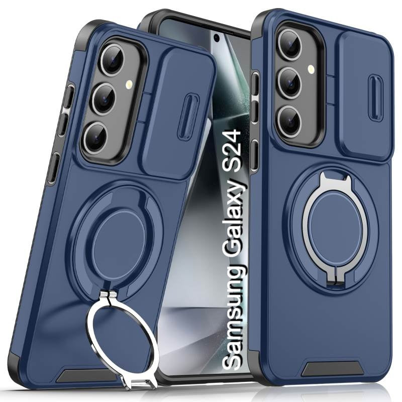 LuxuryKase Shockproof Magnetic Case with Slide Camera Cover | 360° Rotating Ring Kickstand | Mag-Safe Compatible | Rugged Armor Protection For Samsung Series