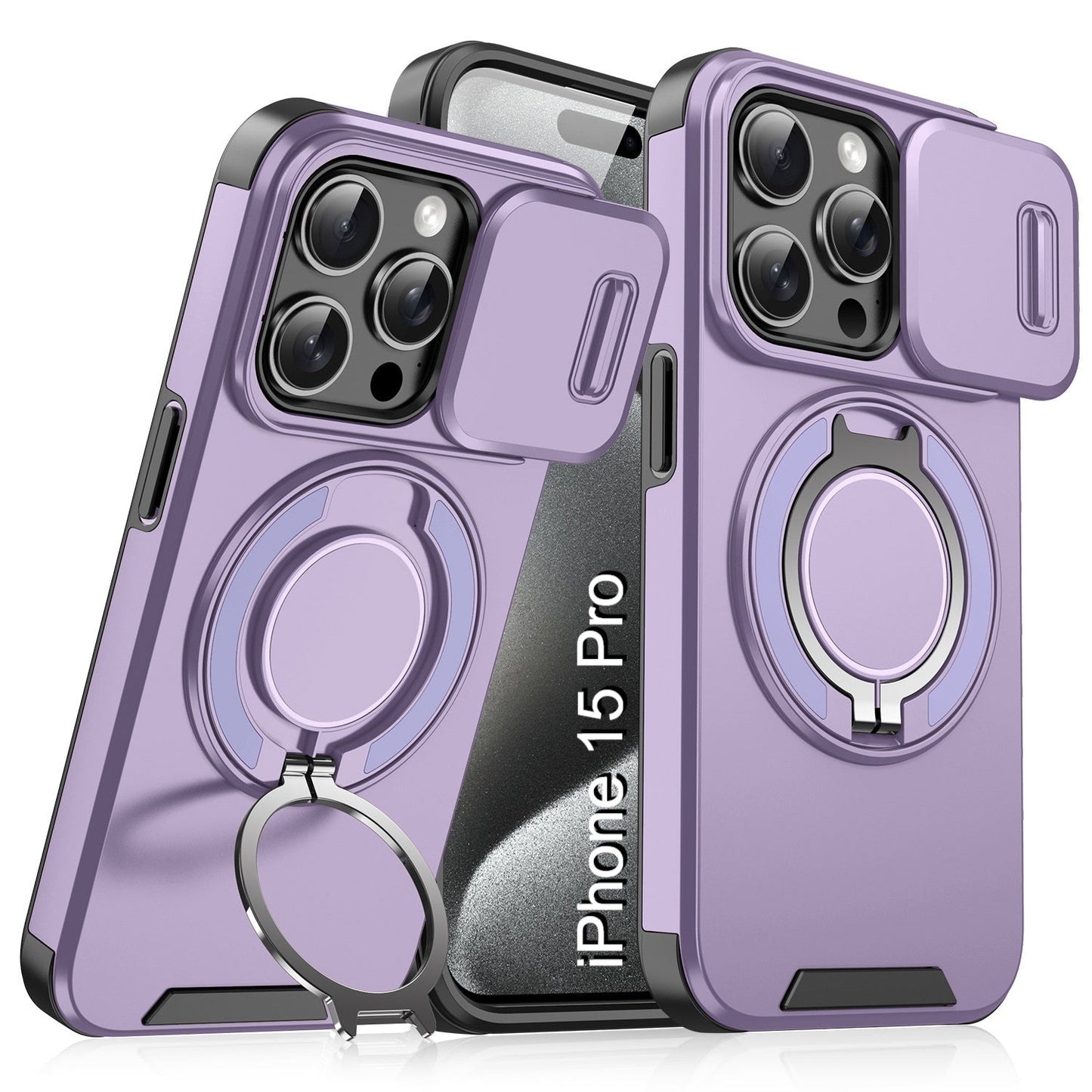 LuxuryKase Shockproof Magnetic Case with Slide Camera Cover | 360° Rotating Ring Kickstand | Mag-Safe Compatible | Rugged Armor Protection For iPhone Series