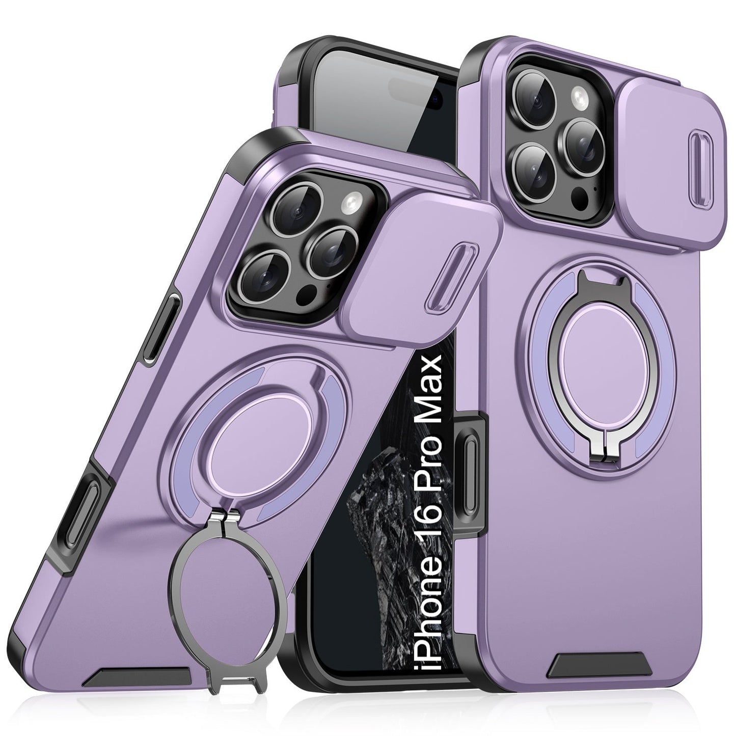 LuxuryKase Shockproof Magnetic Case with Slide Camera Cover | 360° Rotating Ring Kickstand | Mag-Safe Compatible | Rugged Armor Protection For iPhone Series