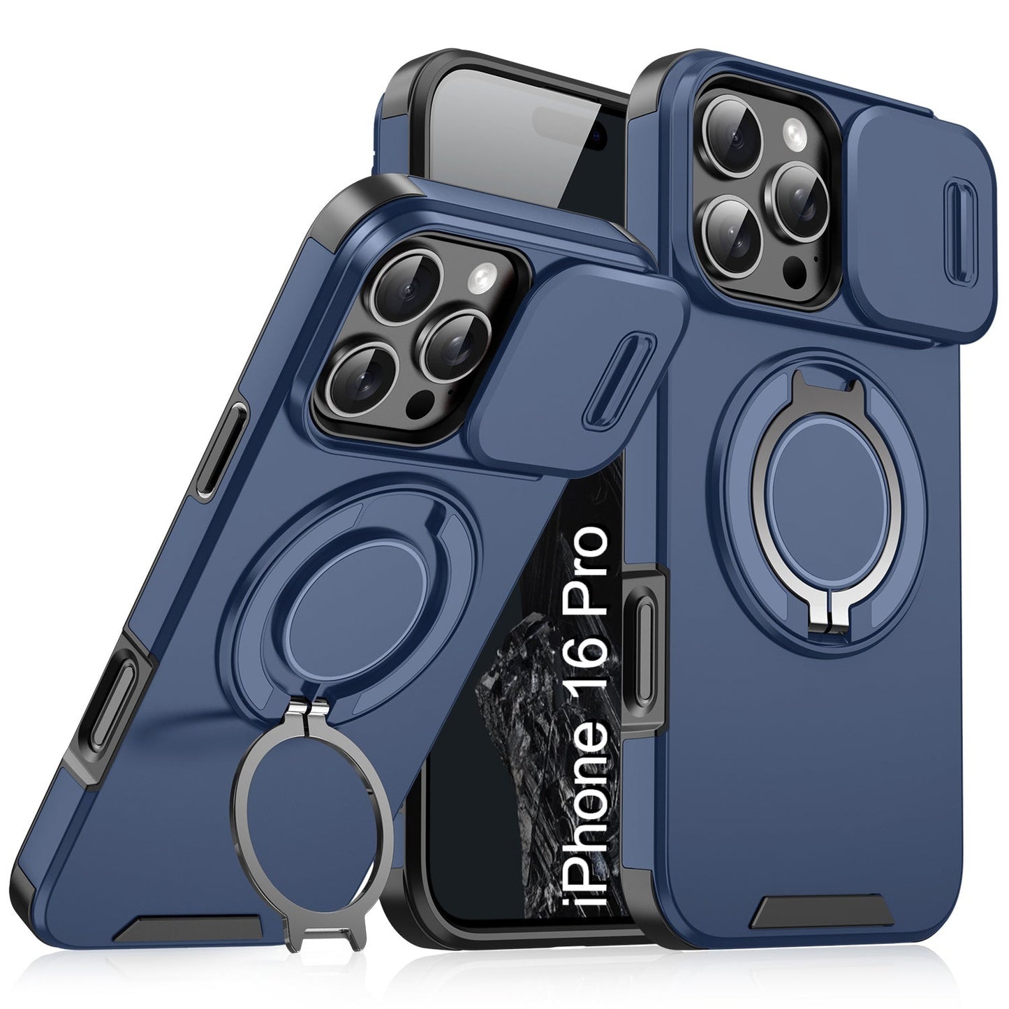 LuxuryKase Shockproof Magnetic Case with Slide Camera Cover | 360° Rotating Ring Kickstand | Mag-Safe Compatible | Rugged Armor Protection For iPhone Series