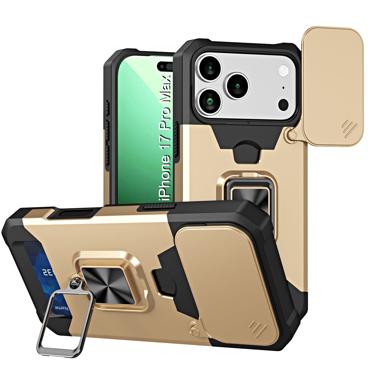 LuxuryKase Shockproof Armor Case | Slide Camera Cover | Hidden Card Slot | Rotating Ring Kickstand | Magnetic Car Mount Support | Military Grade Protection For iPhone & Samsung