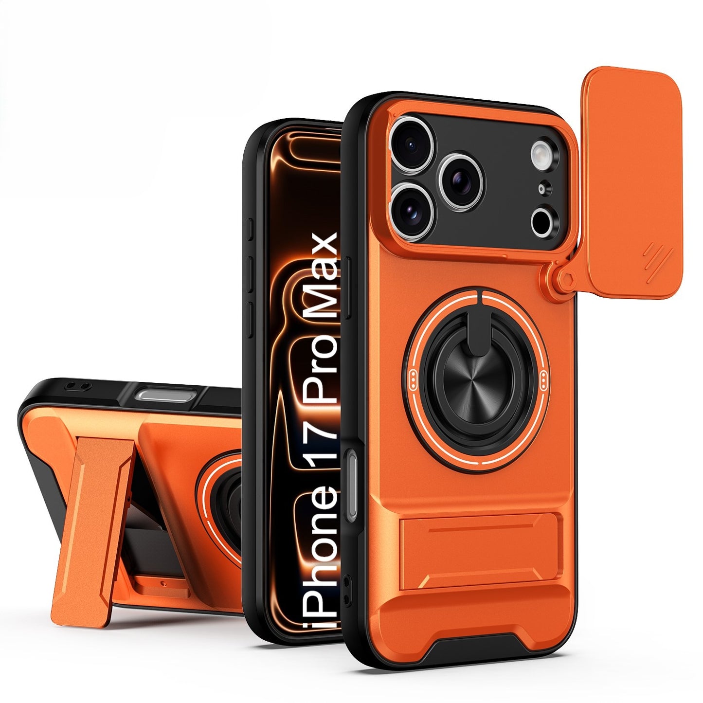 LuxuryKase Magnetic Armour Case | MagSafe Compatible | Sliding Camera Cover | 360° Finger Ring Holder | Built-In Bracket Stand | Hard PC Back & Soft TPU Bumper For iPhone & Samsung Series