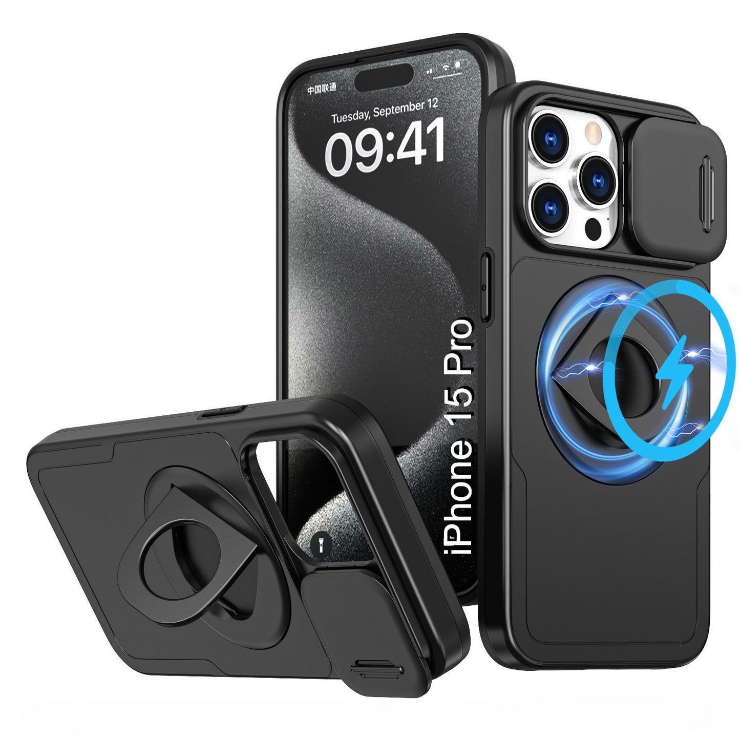 LuxuryKase Mag-Safe Shockproof Rugged Back Case with Finger Ring Kickstand & Sliding Camera Cover | Military Drop Protection | Wireless Charging Support For iPhone Series