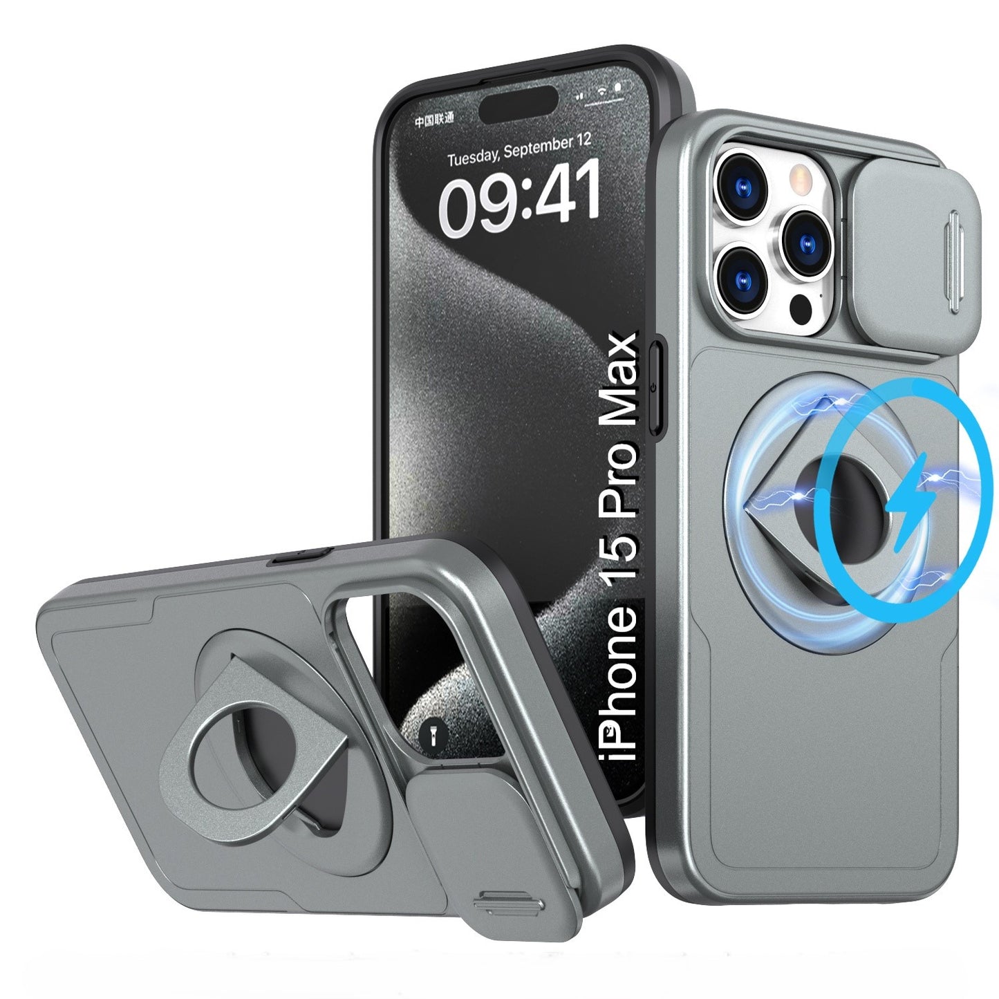 LuxuryKase Mag-Safe Shockproof Rugged Back Case with Finger Ring Kickstand & Sliding Camera Cover | Military Drop Protection | Wireless Charging Support For iPhone Series