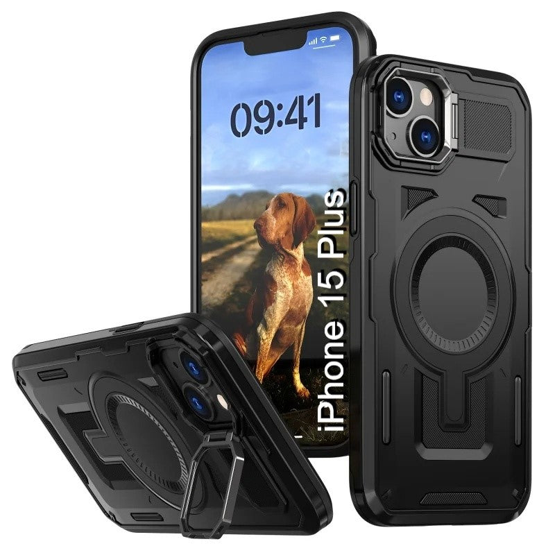 LuxuryKase Rugged Shockproof Magnetic Case with Kickstand | Dual Layer TPU+PC Protection | Mag-Safe Compatible | Camera Guard | Extreme Drop Resistance For iPhone Series