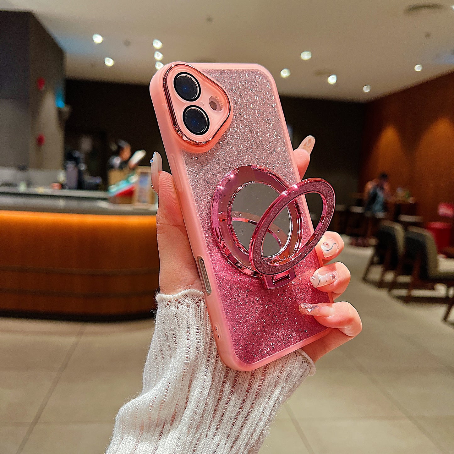 LuxuryKase LK161 Mirror Bracket Stand Holder Bling Glitter Mag-Safe Case Cover For iPhone