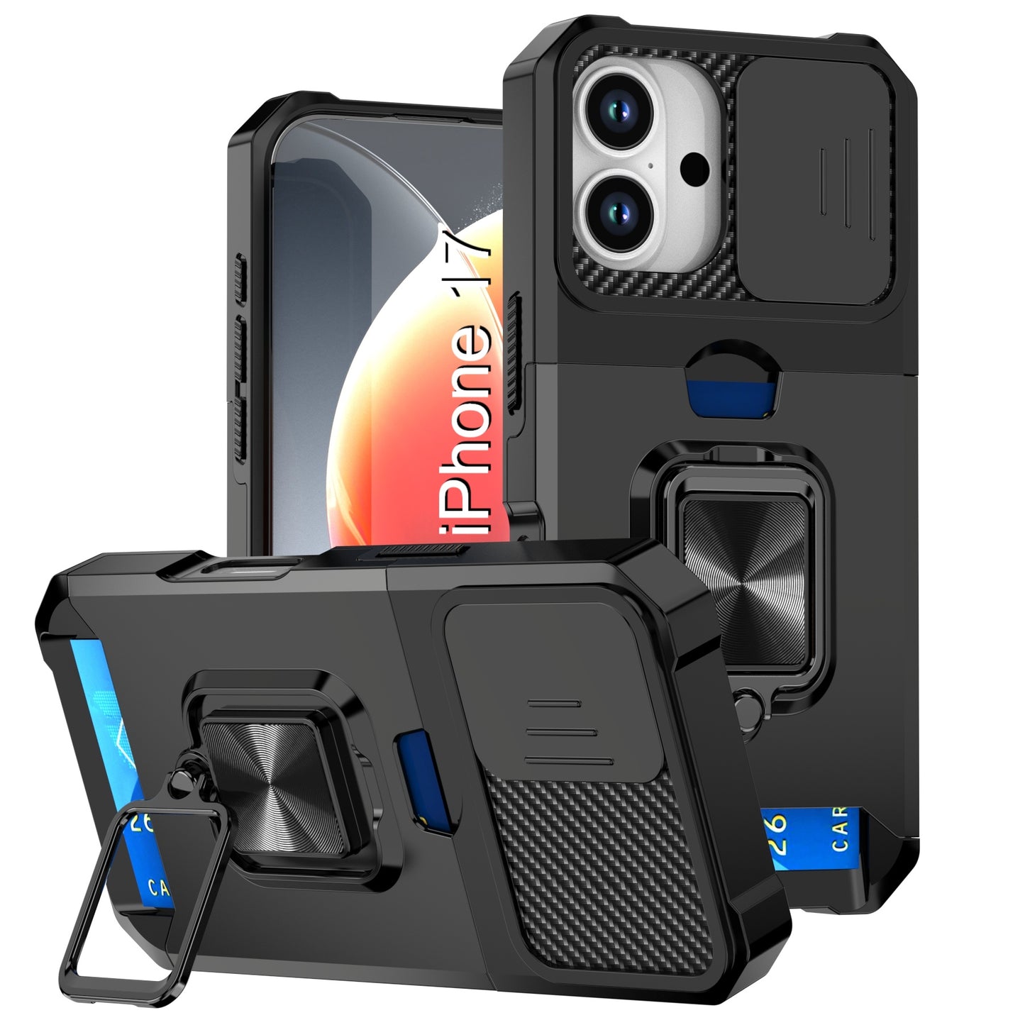 LuxuryKase Shockproof Armor Case | Slide Camera Cover | Hidden Card Slot | Rotating Ring Kickstand | Magnetic Car Mount Support | Military Grade Protection For iPhone & Samsung