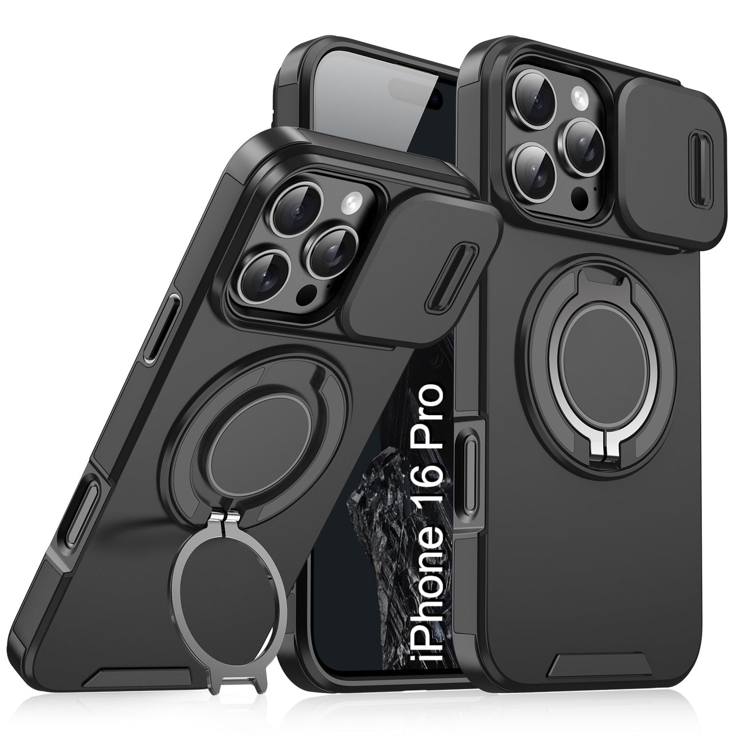LuxuryKase Shockproof Magnetic Case with Slide Camera Cover | 360° Rotating Ring Kickstand | Mag-Safe Compatible | Rugged Armor Protection For iPhone Series
