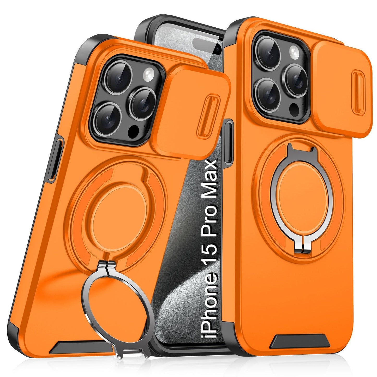 LuxuryKase Shockproof Magnetic Case with Slide Camera Cover | 360° Rotating Ring Kickstand | Mag-Safe Compatible | Rugged Armor Protection For iPhone Series