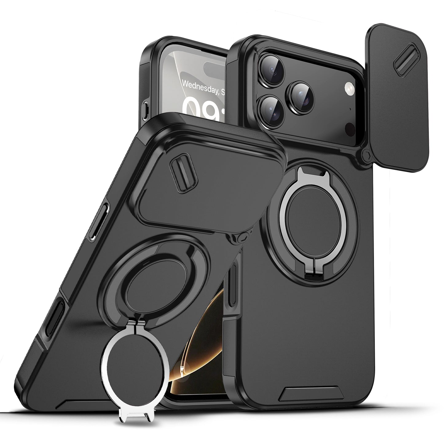 LuxuryKase Shockproof Case with Slide Camera Cover | 360° Rotating Ring Kickstand | Rugged Armour Protection For iPhone Series