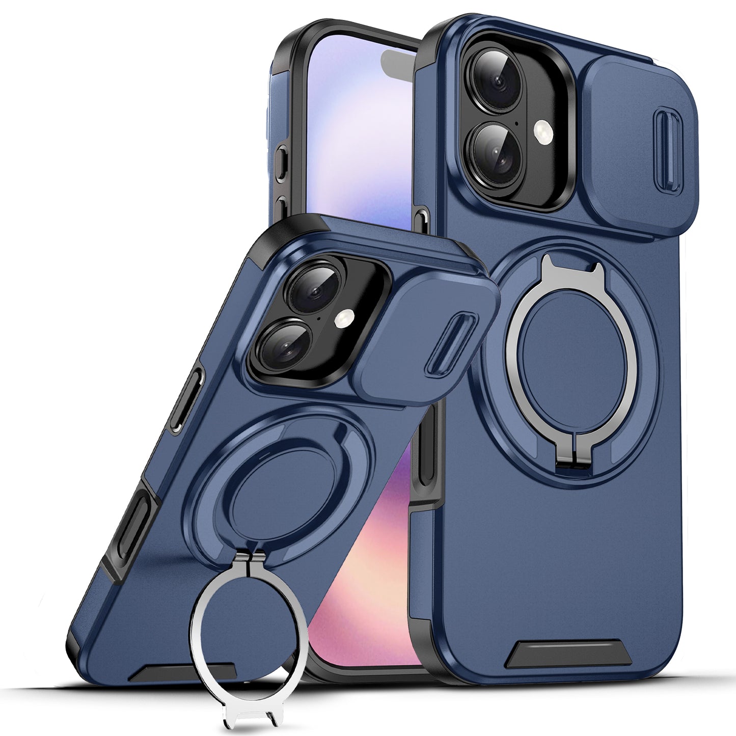 LuxuryKase Shockproof Case with Slide Camera Cover | 360° Rotating Ring Kickstand | Rugged Armour Protection For iPhone Series