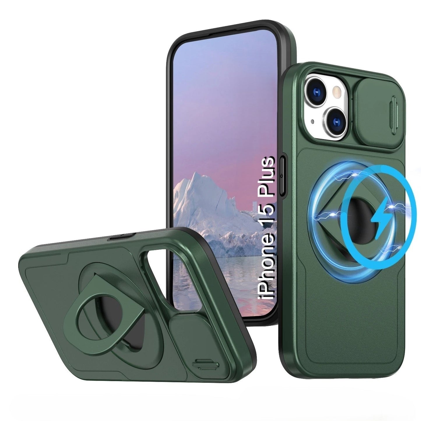 LuxuryKase Mag-Safe Shockproof Rugged Back Case with Finger Ring Kickstand & Sliding Camera Cover | Military Drop Protection | Wireless Charging Support For iPhone Series