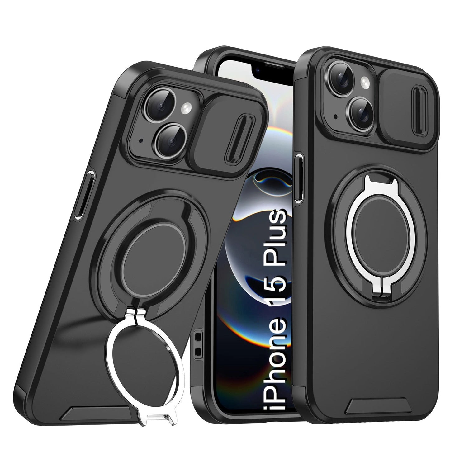 LuxuryKase Shockproof Magnetic Case with Slide Camera Cover | 360° Rotating Ring Kickstand | Mag-Safe Compatible | Rugged Armor Protection For iPhone Series