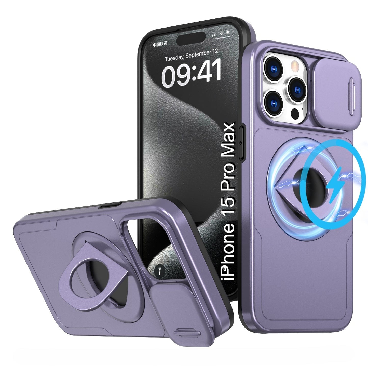 LuxuryKase Mag-Safe Shockproof Rugged Back Case with Finger Ring Kickstand & Sliding Camera Cover | Military Drop Protection | Wireless Charging Support For iPhone Series