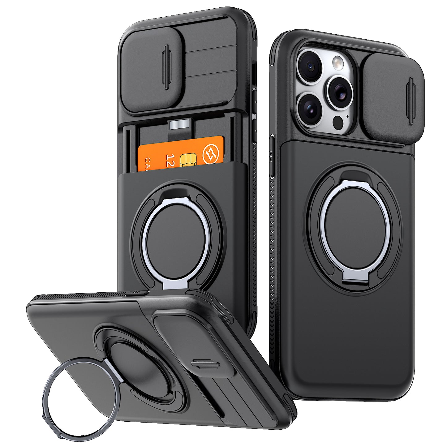 LuxuryKase Magnetic Card Holder Back Cover | Slide Camera Cover Protection | 360° Rotating & 120° Adjustable Kickstand | Shockproof Hard PC Back + Soft TPU Bumper For iPhone & Samsung Series