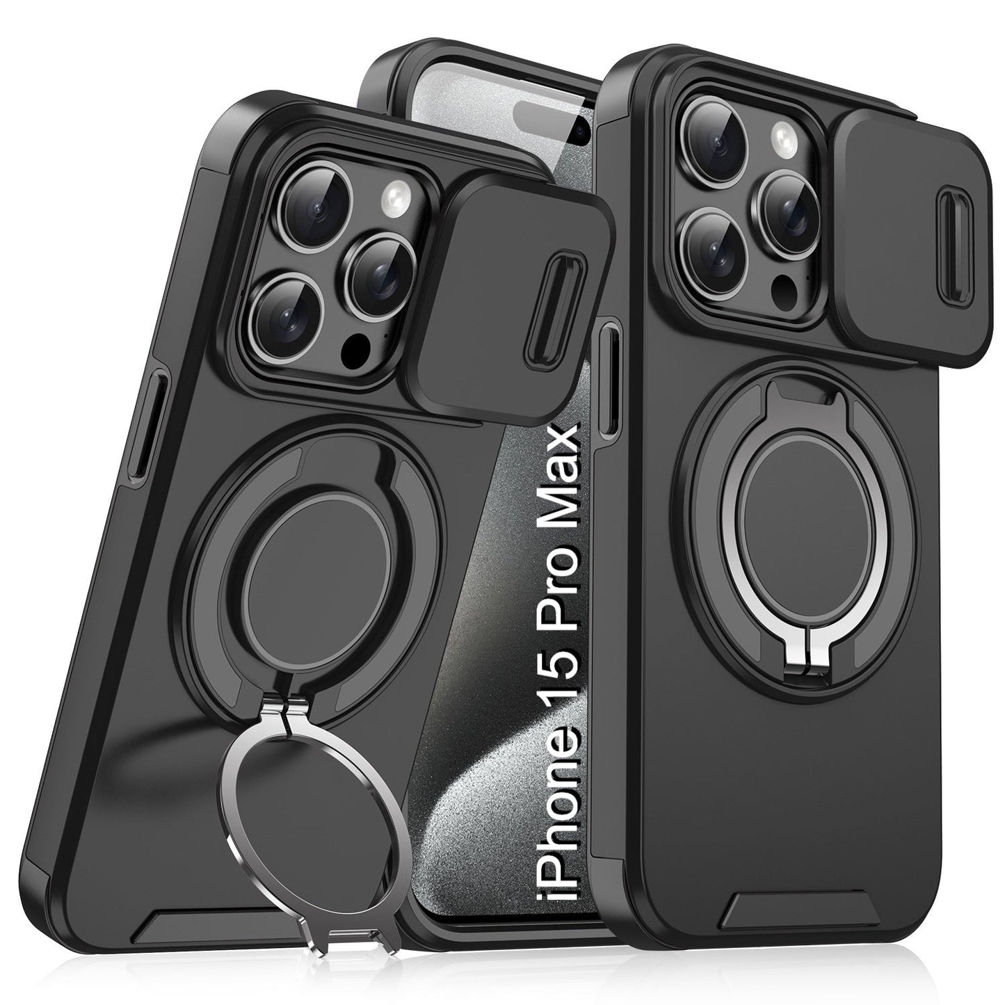 LuxuryKase Shockproof Magnetic Case with Slide Camera Cover | 360° Rotating Ring Kickstand | Mag-Safe Compatible | Rugged Armor Protection For iPhone Series