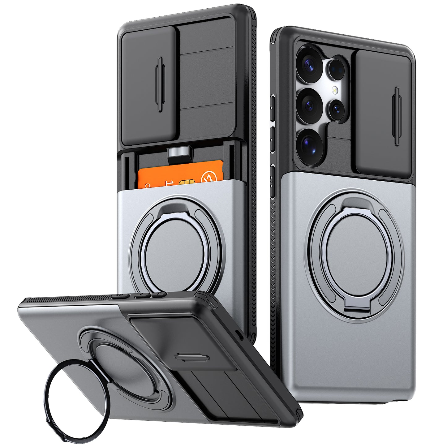 LuxuryKase Magnetic Card Holder Back Cover | Slide Camera Cover Protection | 360° Rotating & 120° Adjustable Kickstand | Shockproof Hard PC Back + Soft TPU Bumper For iPhone & Samsung Series