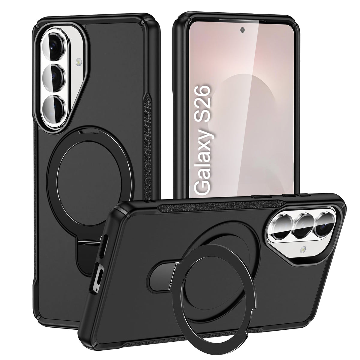 LuxuryKase Shockproof Back Cover with 90° Rotating Ring Kickstand | Mag-Safe Compatible | Rugged Armor Protection Case For iPhone & Samsung Series