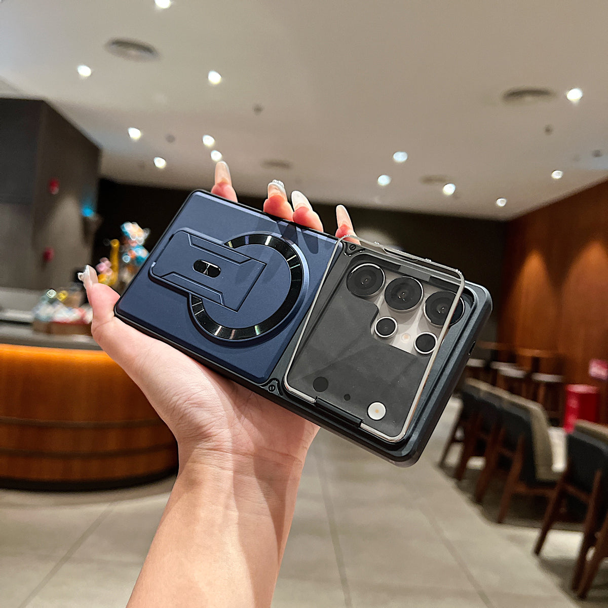 LuxuryKase Hybrid Armour Case | Built-In Foldable Kickstand | Flip Camera Lens Protection Frame Design | MagSafe Compatible | Rugged PC & TPU Cover For iPhone & Samsung Series
