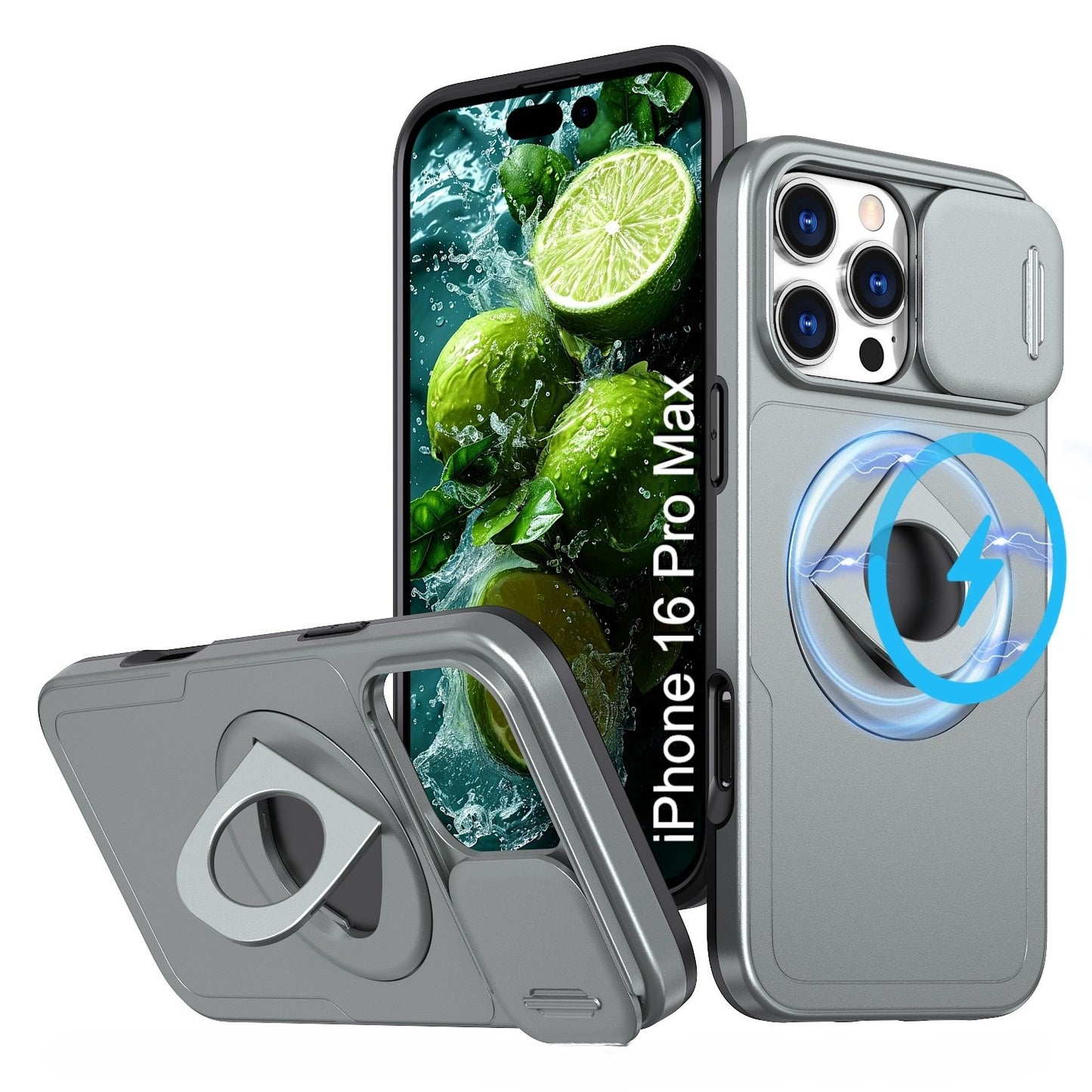 LuxuryKase Mag-Safe Shockproof Rugged Back Case with Finger Ring Kickstand & Sliding Camera Cover | Military Drop Protection | Wireless Charging Support For iPhone Series
