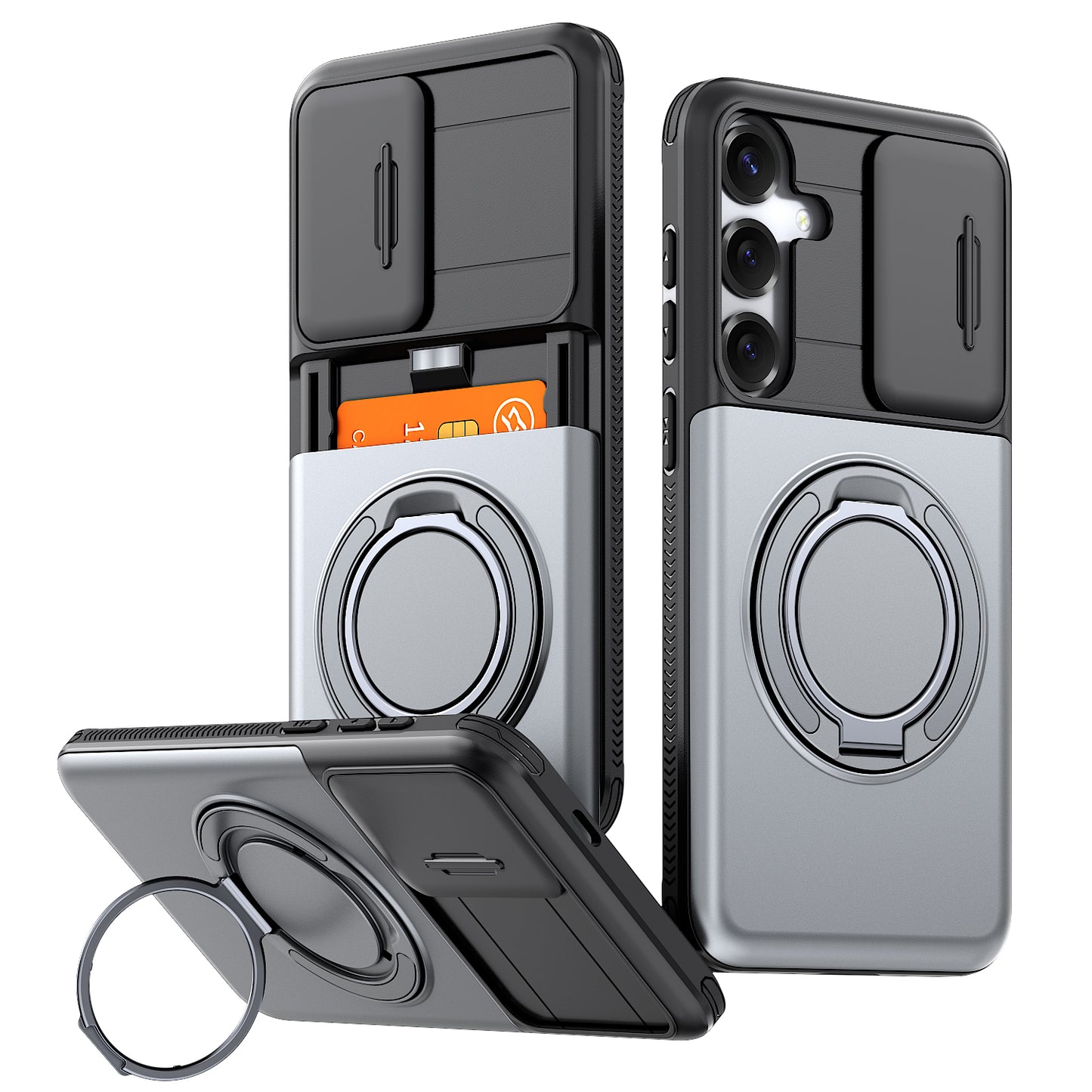 LuxuryKase Magnetic Card Holder Back Cover | Slide Camera Cover Protection | 360° Rotating & 120° Adjustable Kickstand | Shockproof Hard PC Back + Soft TPU Bumper For iPhone & Samsung Series
