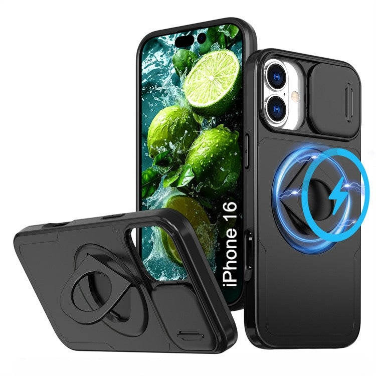 LuxuryKase Mag-Safe Shockproof Rugged Back Case with Finger Ring Kickstand & Sliding Camera Cover | Military Drop Protection | Wireless Charging Support For iPhone Series