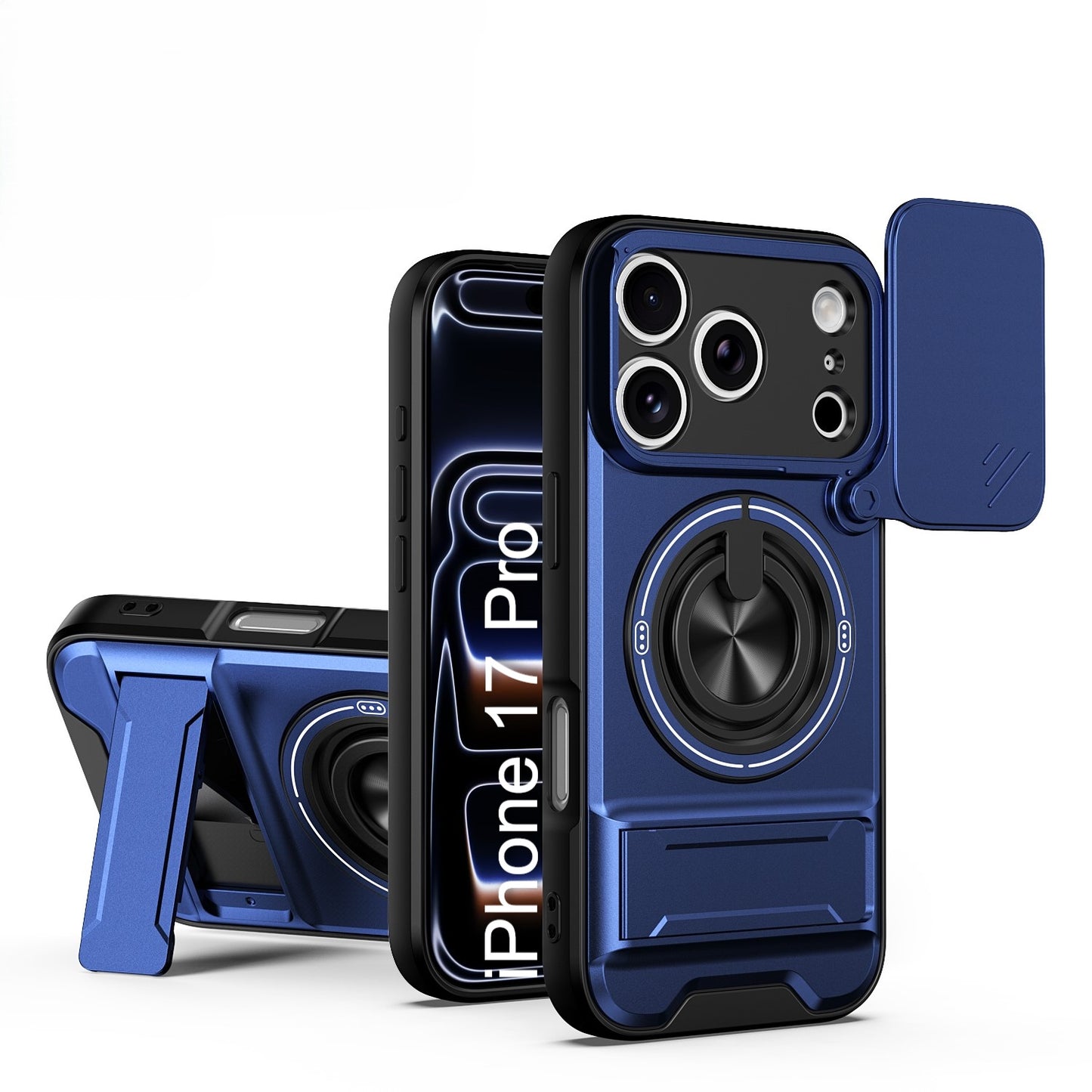 LuxuryKase Magnetic Armour Case | MagSafe Compatible | Sliding Camera Cover | 360° Finger Ring Holder | Built-In Bracket Stand | Hard PC Back & Soft TPU Bumper For iPhone & Samsung Series