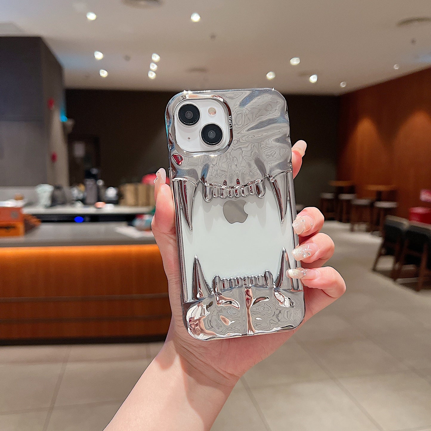 US LITE Shockproof Designer Metallic Chrome 3D Fangs Back Case | Anti-Scratch Grip | Full Camera Protection and Stylish Look For iPhone 14, 15 & 16 Series