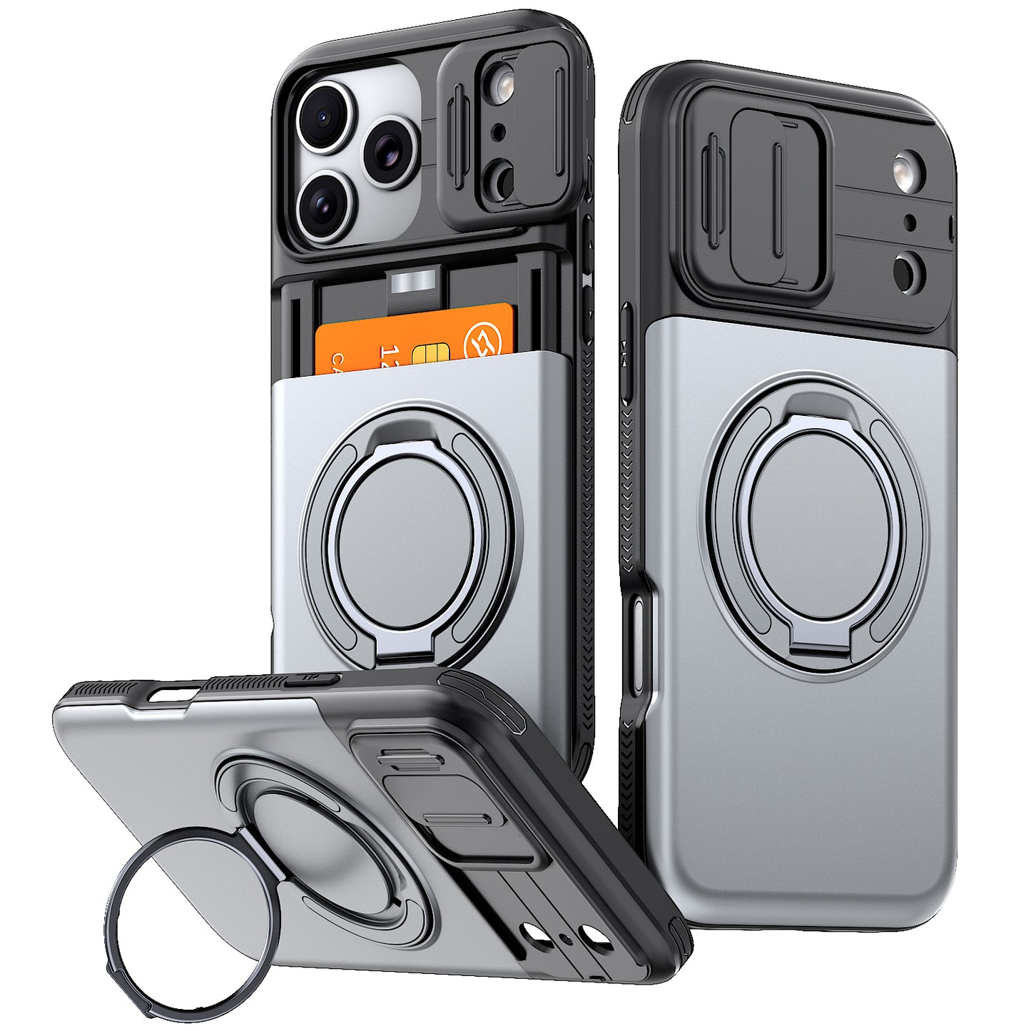 LuxuryKase Magnetic Card Holder Back Cover | Slide Camera Cover Protection | 360° Rotating & 120° Adjustable Kickstand | Shockproof Hard PC Back + Soft TPU Bumper For iPhone & Samsung Series
